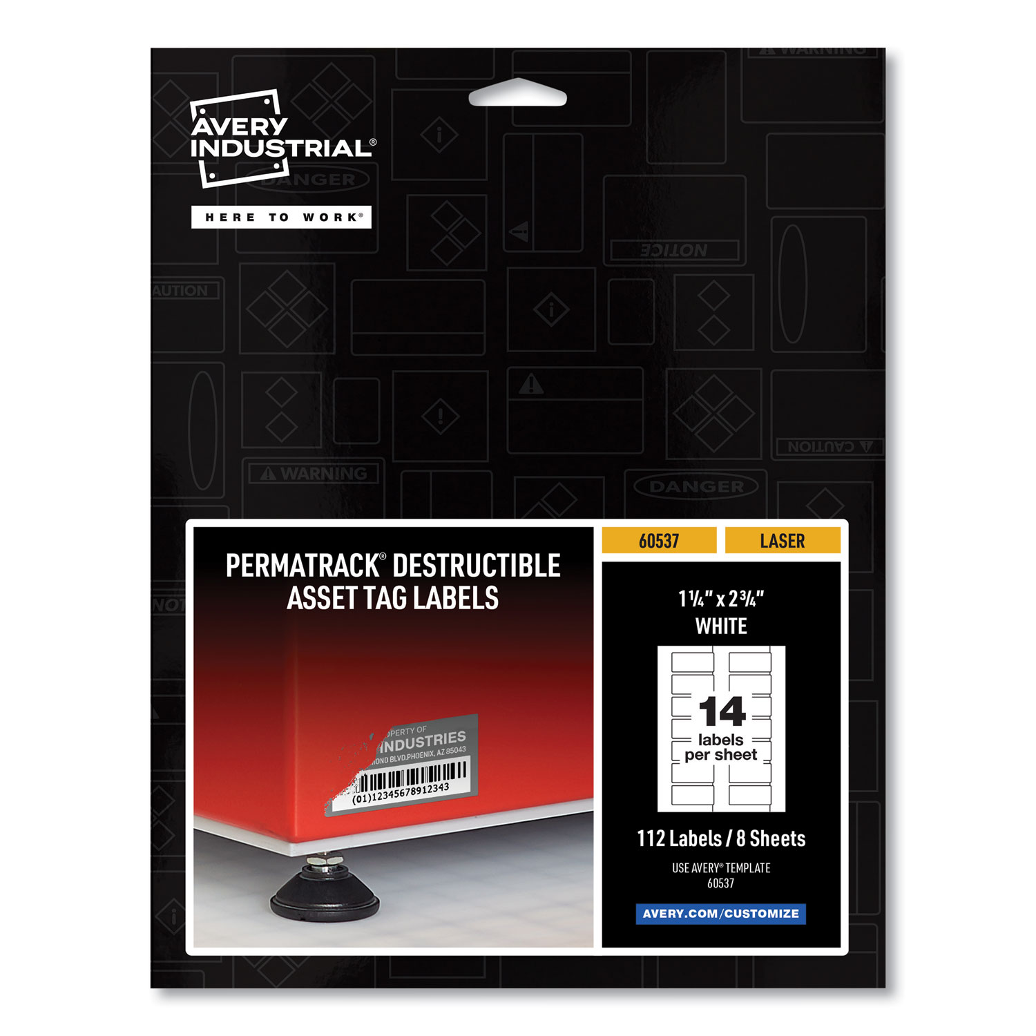 PermaTrack Destructible Asset Tag Labels, Laser Printers, 1.25 x 2.75, White, 14/Sheet, 8 Sheets/Pack