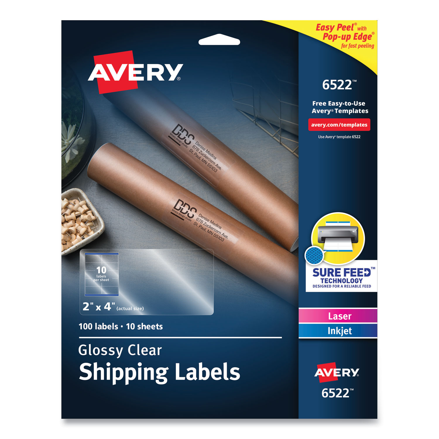 Glossy Clear Easy Peel Mailing Labels, 2 x 4, Clear, 10/Sheet, 10 Sheets/PK