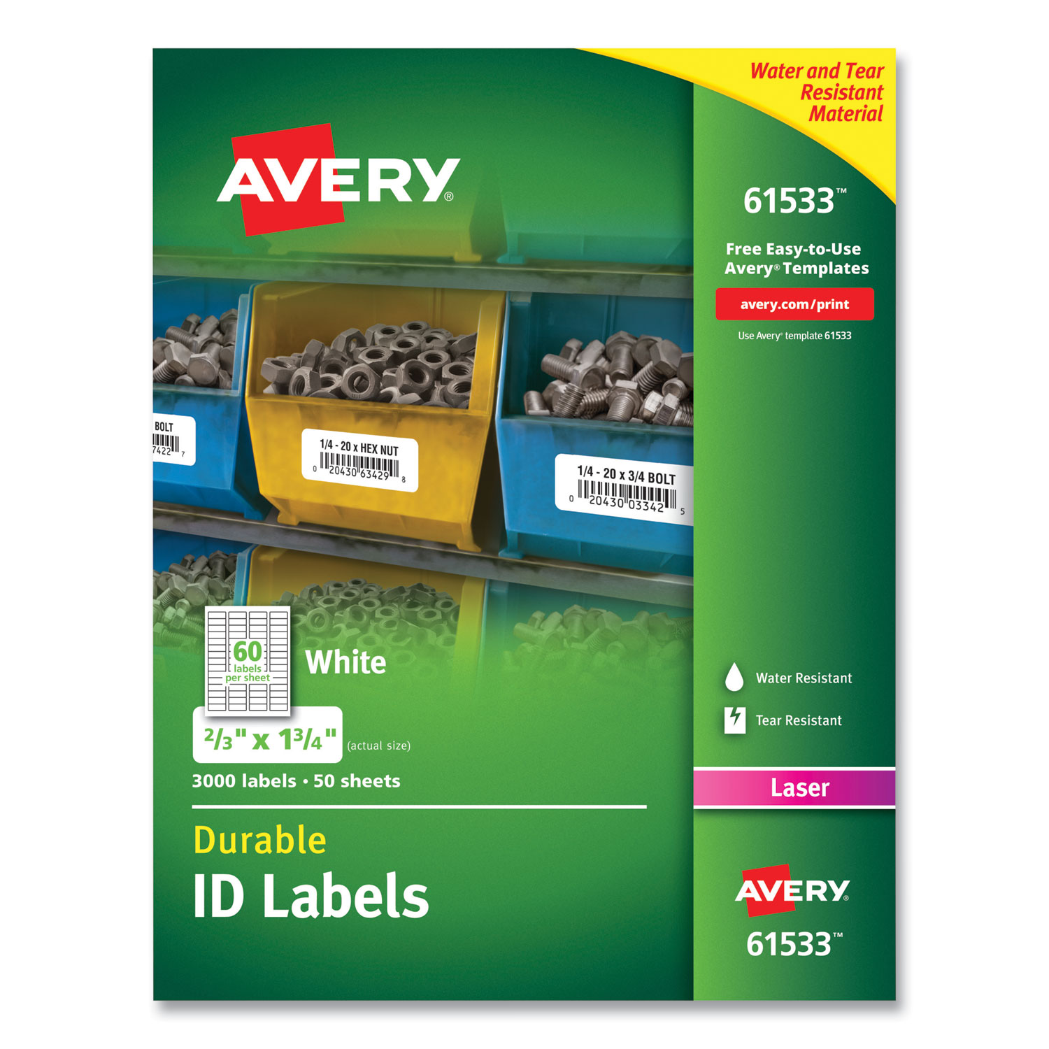 Permanent ID Labels w/TrueBlock Technology, Laser, 2/3  x 1 3/4 , 3000/Pack