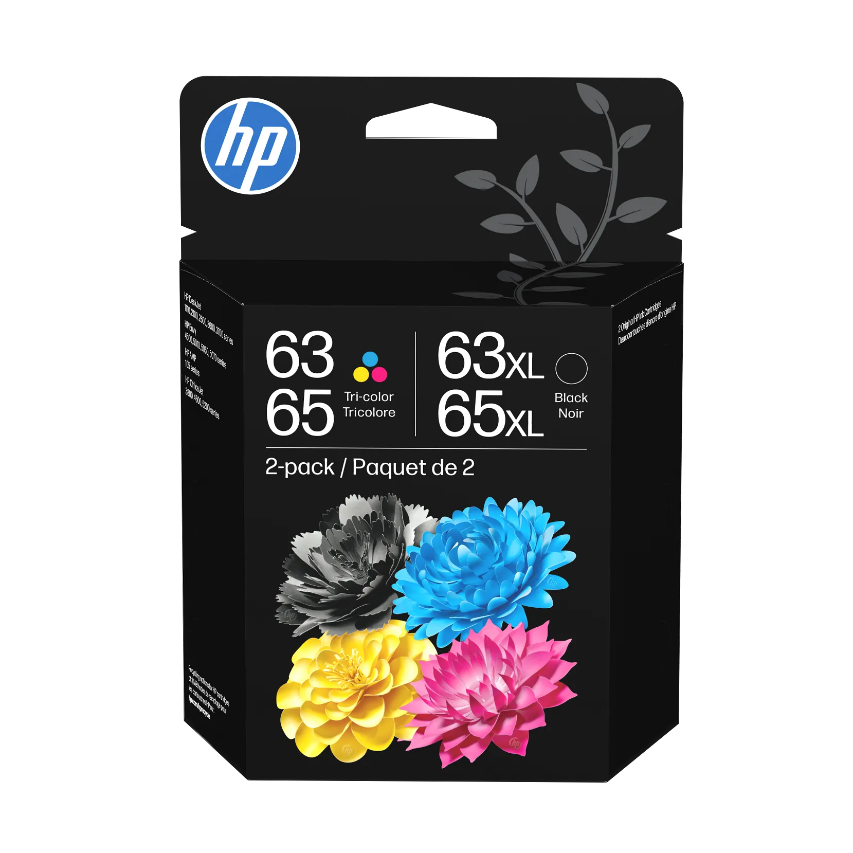 HP 63XL/ 65XL Black, 63/65 Tri-color Ink Cartridge 2-Pack B87FDAN HP Original 63/65XL Black High-Yield + 63/65 Tri-Color| Works DeskJet 1110, 2100, 2600, 3600, 3700, Envy 4500, 5010, 5050, 5070, OfficeJet 3800, 4600, 5200 Series (B87FDAN)