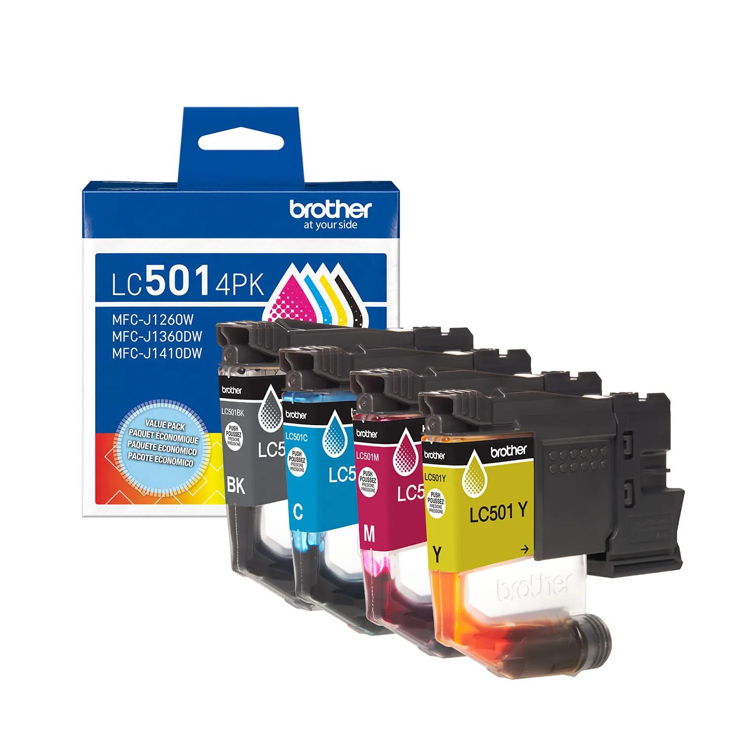 Brother LC5014PK 4-Pack Black, Cyan, Magenta and Yellow Ink Cartridges 4-Pack includes one each of black, cyan, magenta, and yellow cartridges. Black cartridge prints up to 250 pages, and each color cartridge prints up to 200 pages.