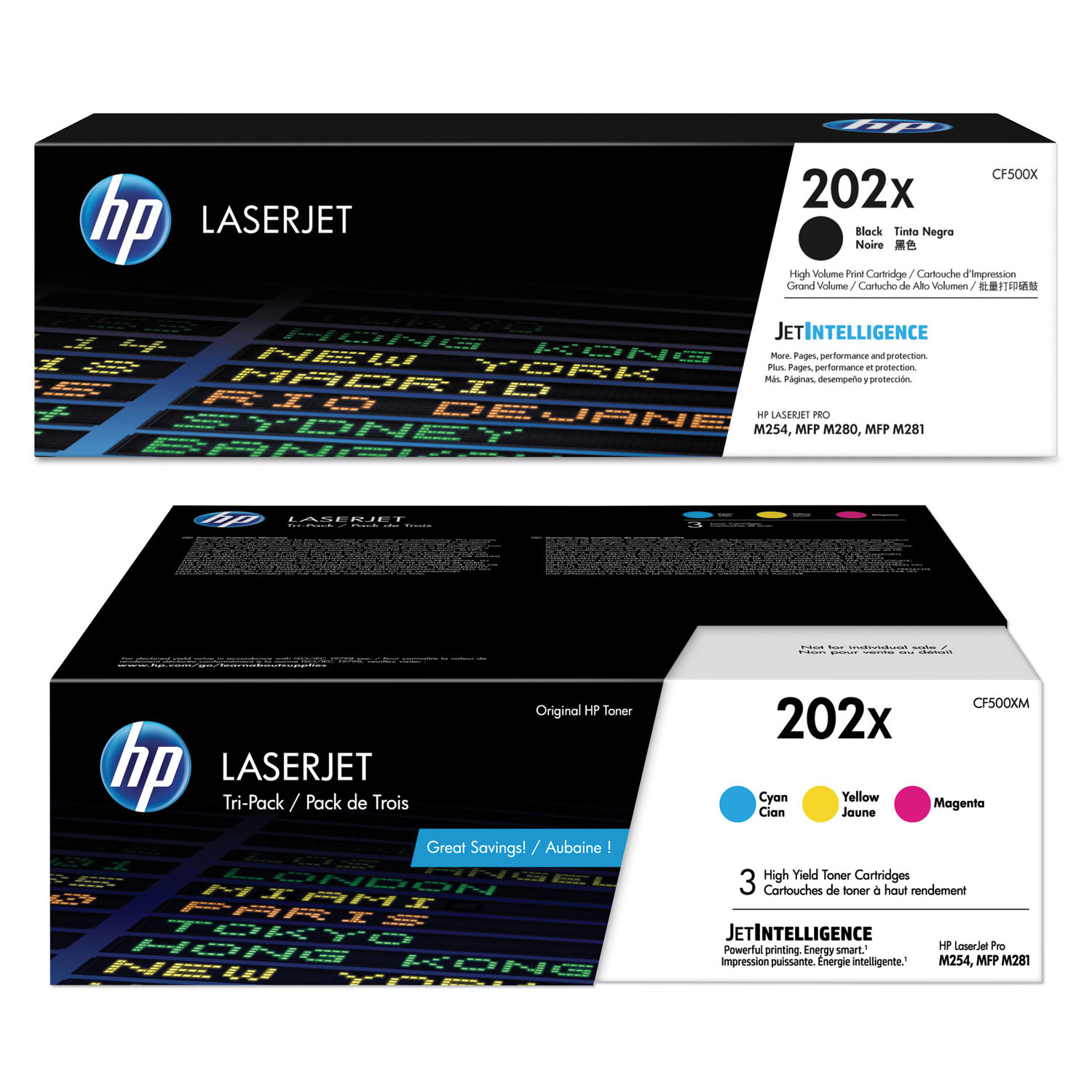 Includes 1 X HP CF500X Black Toner Cartridge, 1 X HP CF500XM Color Toner Cartridge Tri-Pack (Cyan/Magenta/Yellow)