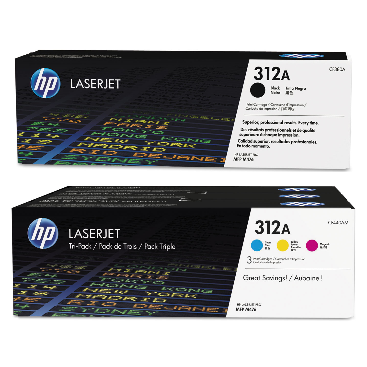 Includes 1 X HP CF380A Black Toner Cartridge, 1 X HP CF440AM Color Toner Cartridge Tri-Pack (Cyan/Magenta/Yellow)
